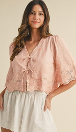 AnnieWear Floral Embroidery Tie Front Blouse