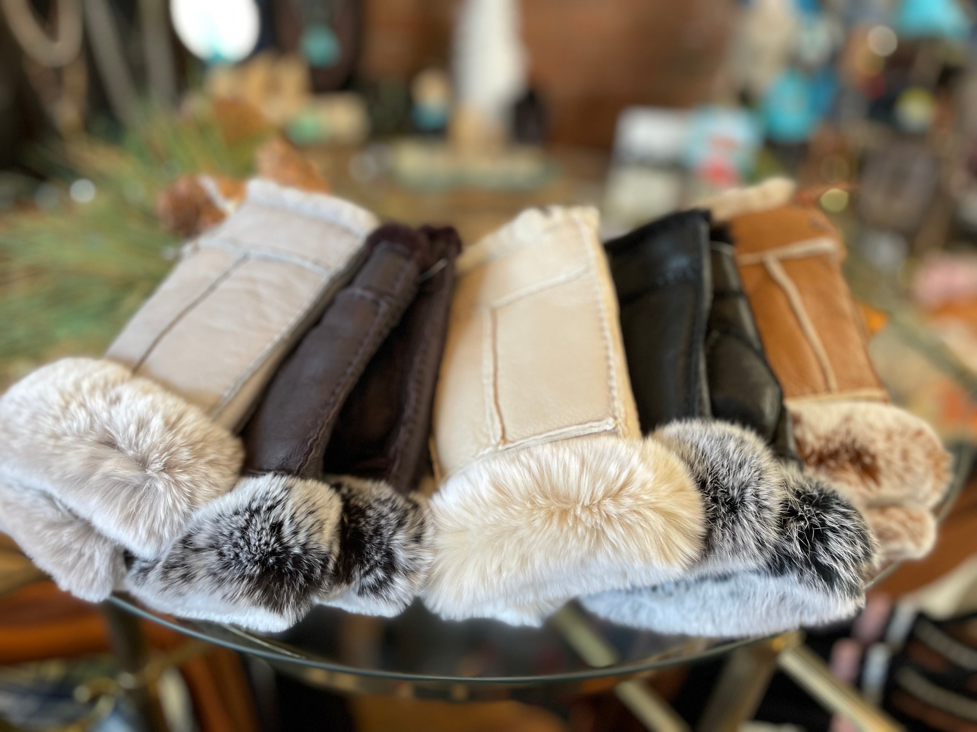 Shearling Lined Leather Fingerless Gloves With Rabbit Fur Trim