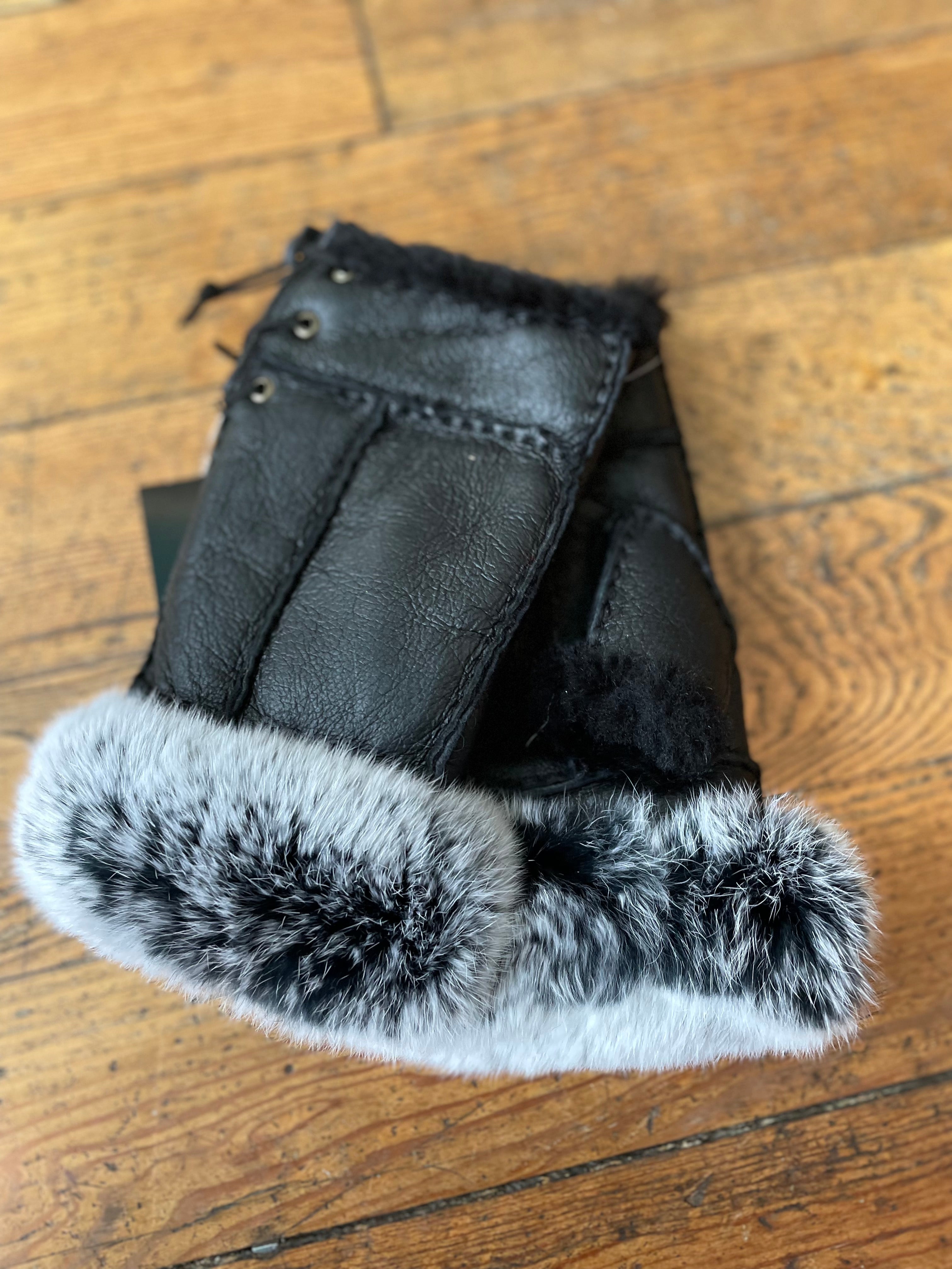 Shearling Lined Leather Fingerless Gloves With Rabbit Fur Trim